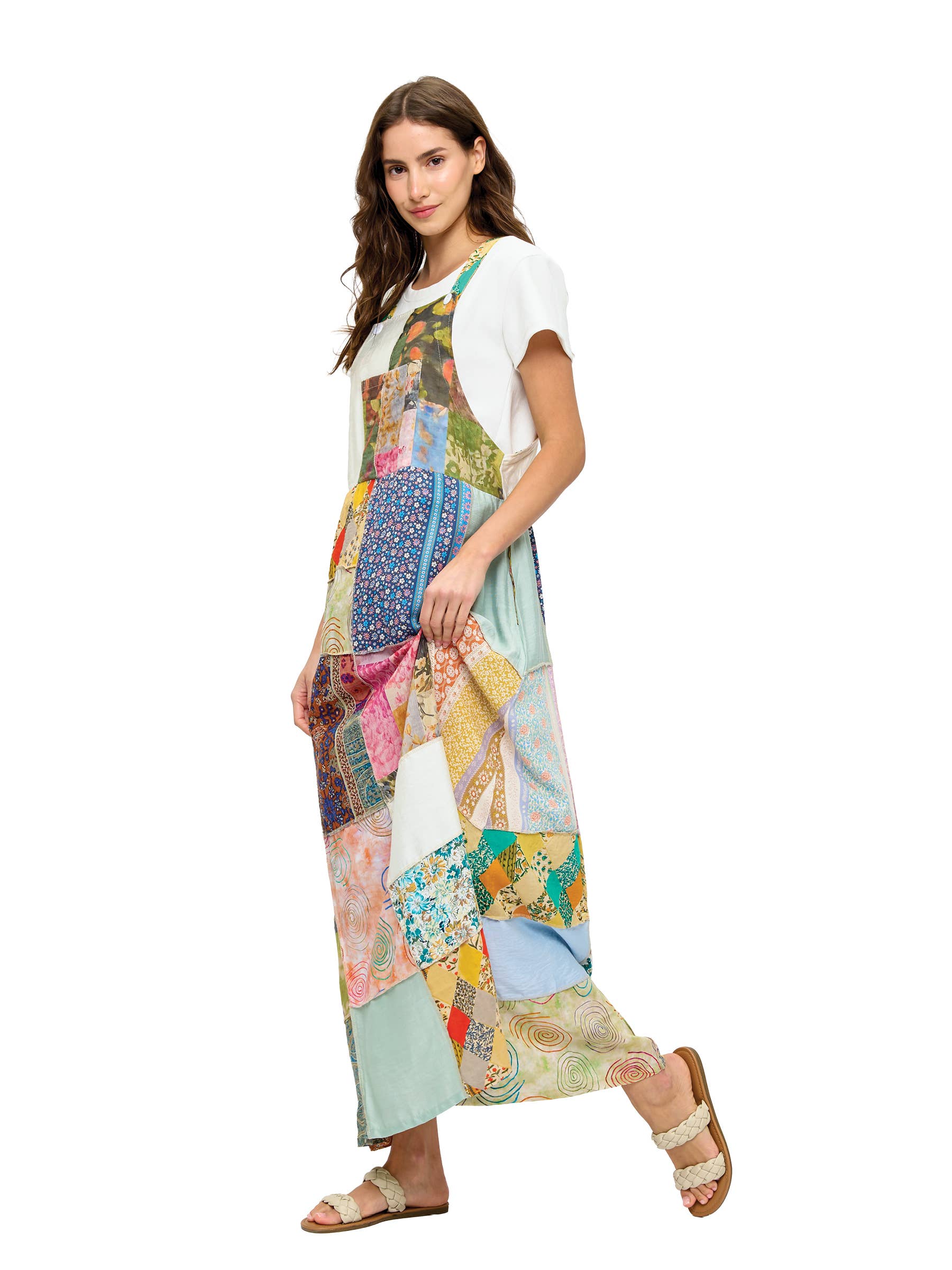 Floral Patchwork Overall Maxi Dress: Multi / L/XL