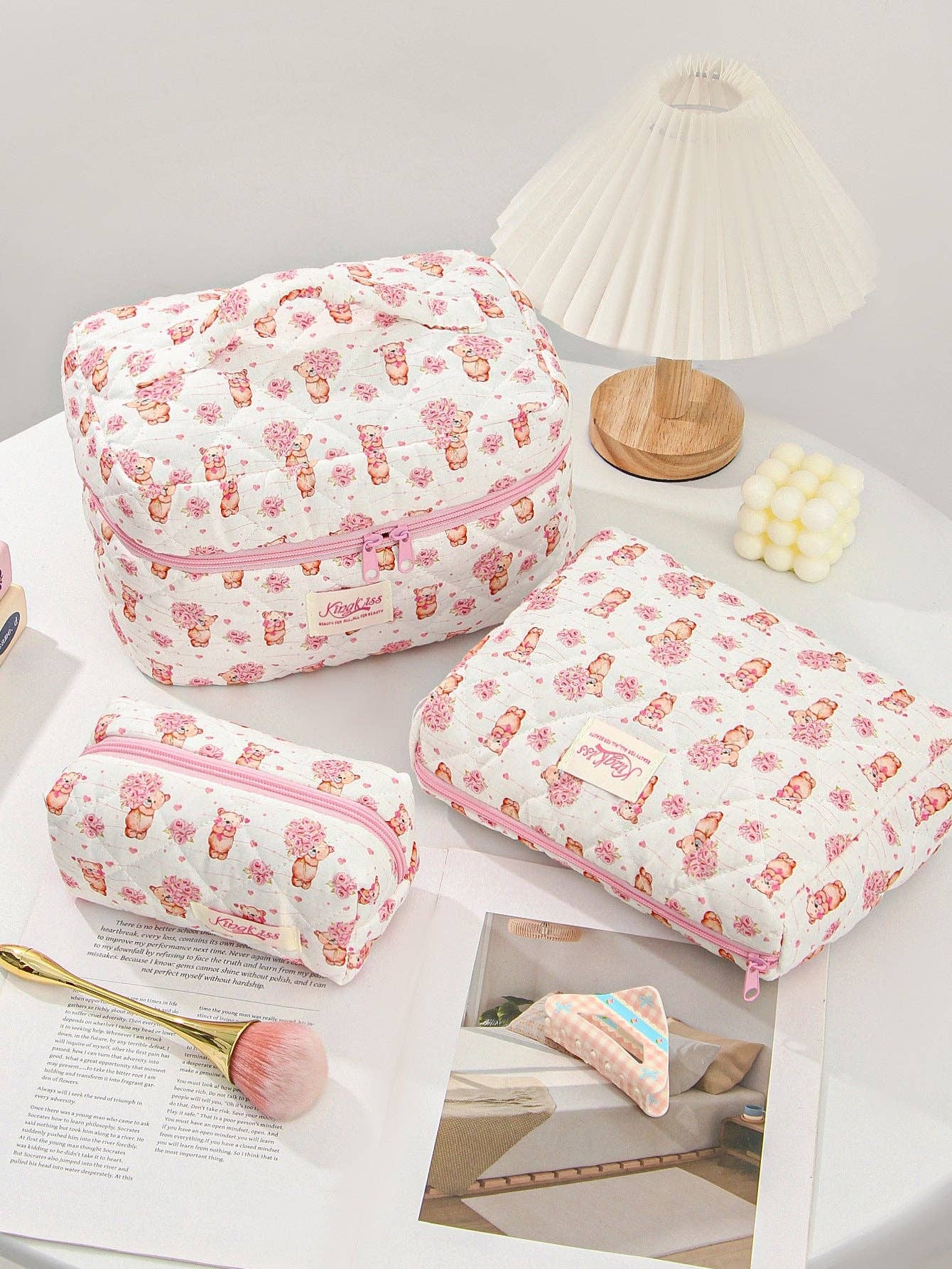 Canvas Striped Octagonal Large-Capacity Toiletry Bag: Pink and blue striped bouquet / Small size 19*8*6cm