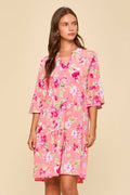 Floral Print Shirred Tiered 3/4 Sleeve Dress: CORAL / S