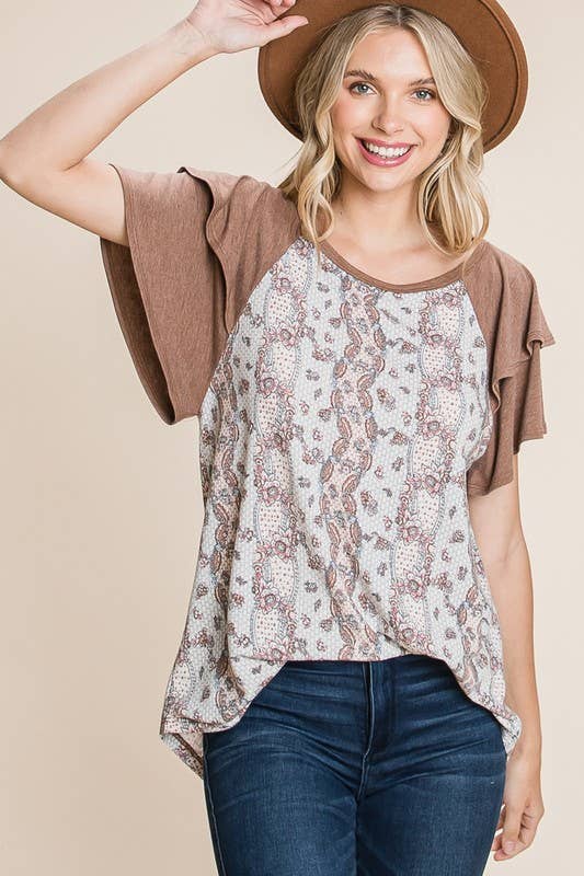 ETK-8522- Floral Paisley Tiered Sleeves Fashion Top : Brown / Small
