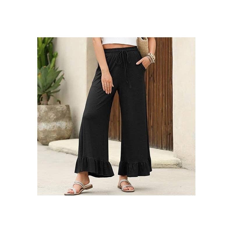 Flared Hem Loose Cropped Pants: BLACK / XL