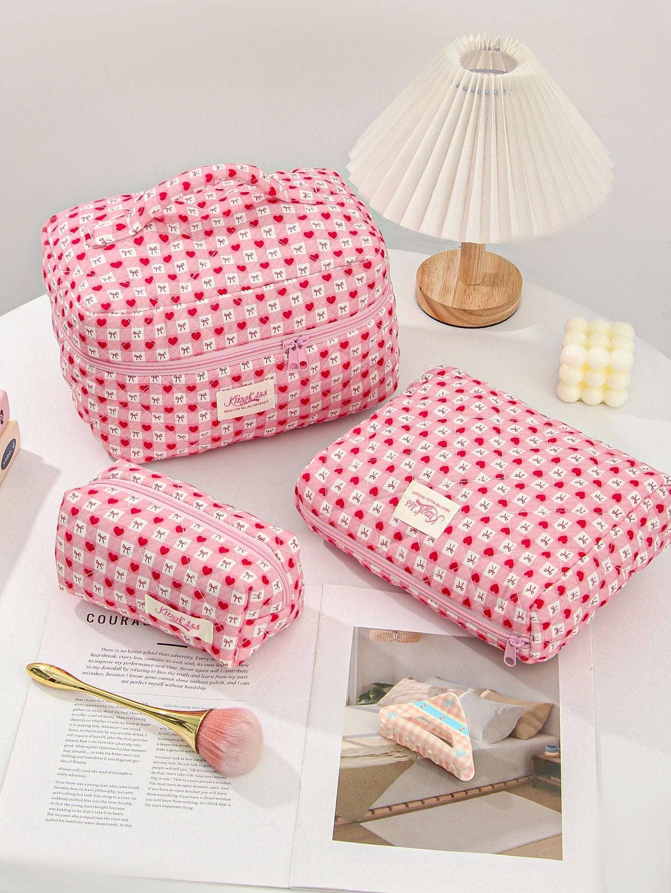 Canvas Striped Octagonal Large-Capacity Toiletry Bag: Pink and blue striped bouquet / Small size 19*8*6cm