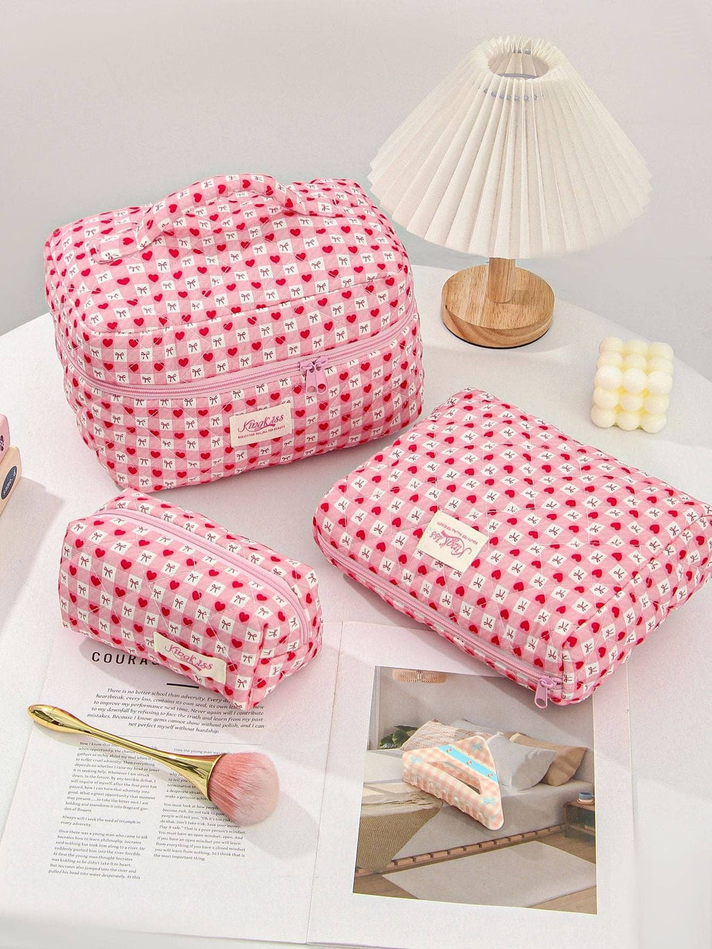 Canvas Striped Octagonal Large-Capacity Toiletry Bag: Pink and blue striped bouquet / Medium size 26*7*18cm