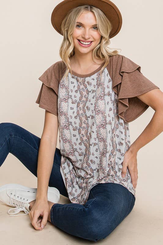 ETK-8522- Floral Paisley Tiered Sleeves Fashion Top : Brown / Small