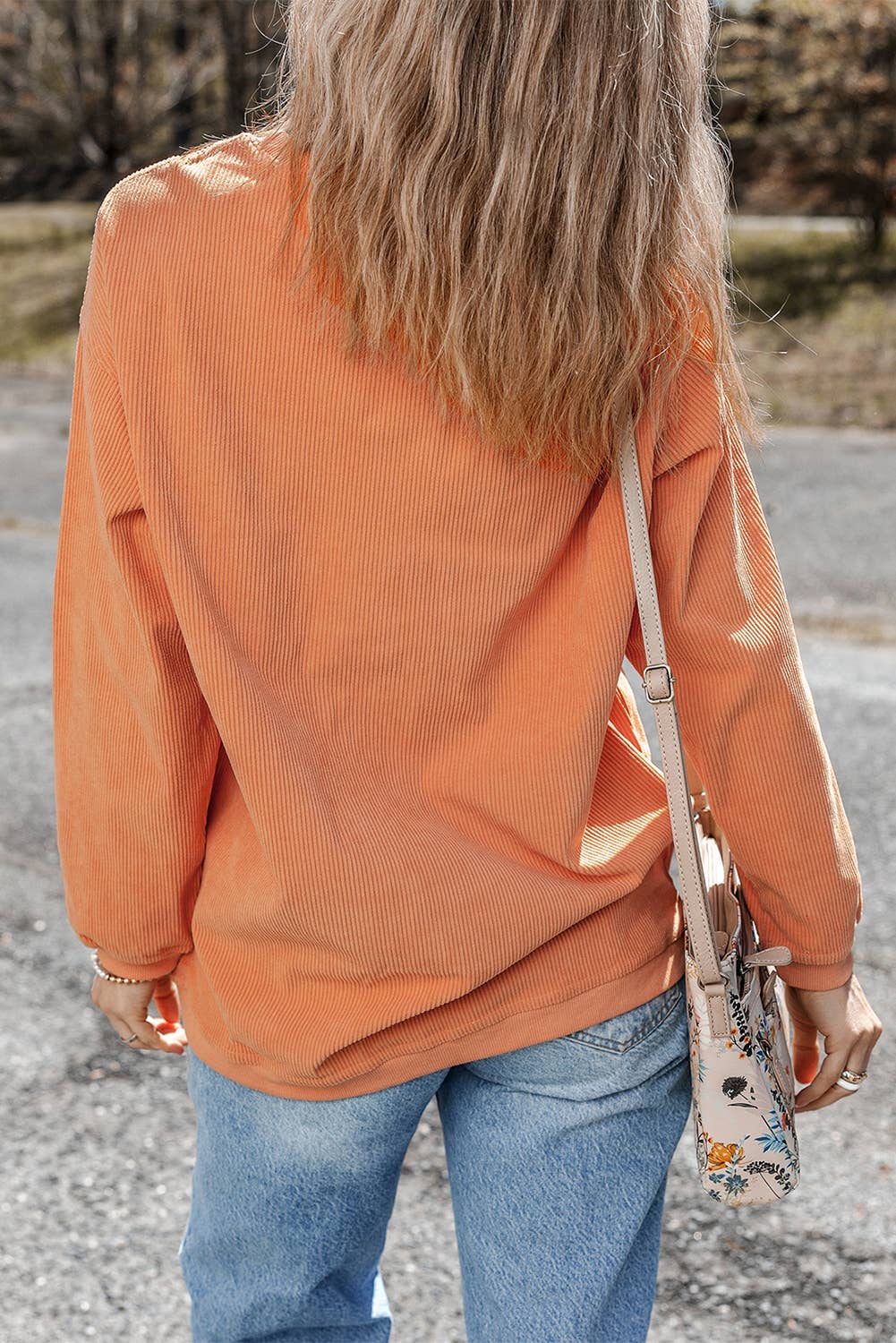 Women Solid Corduroy Crewneck Loose Fit Sweatshirt | S-2XL: Red / Missy / 2XL