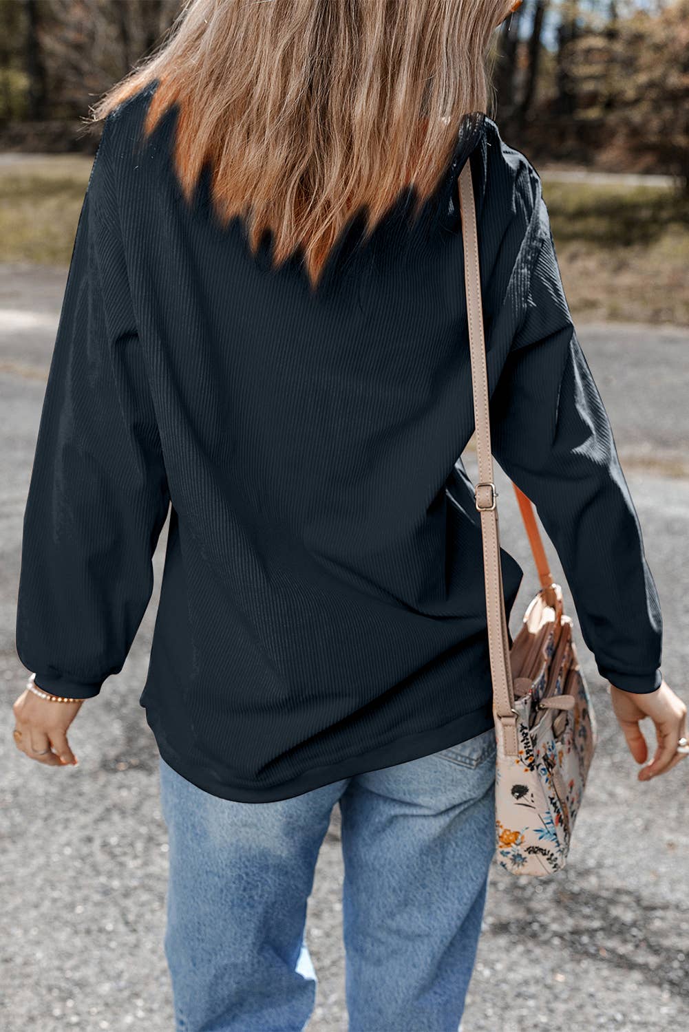 Women Solid Corduroy Crewneck Loose Fit Sweatshirt | S-2XL: Orange / Missy / M