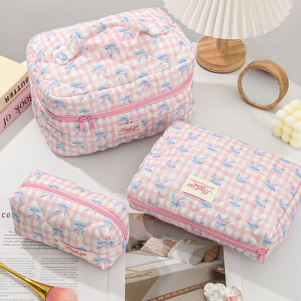 Canvas Striped Octagonal Large-Capacity Toiletry Bag: Pink and blue striped bouquet / Small size 19*8*6cm