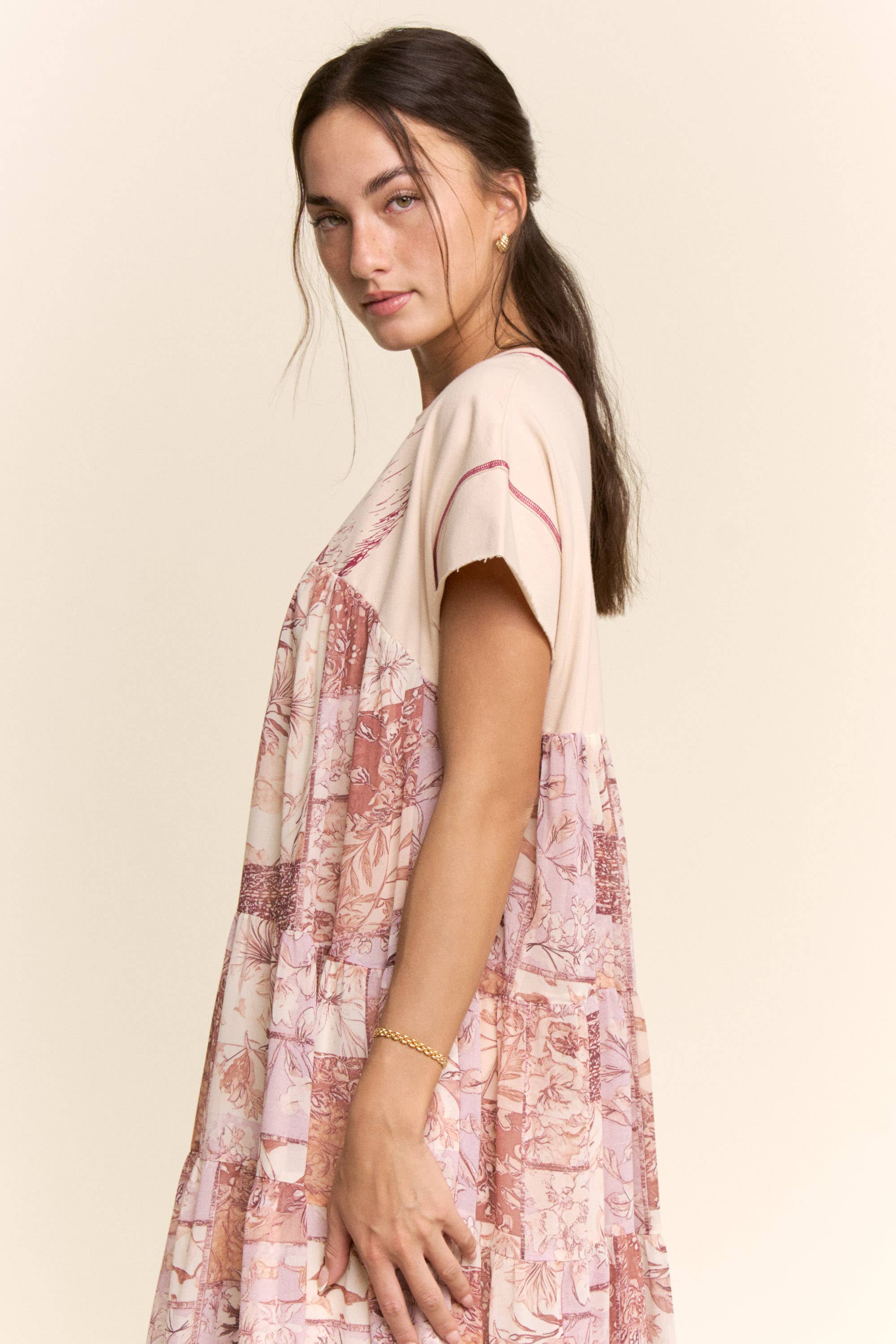 DD60097-ANGEL PRINTED FRENCH TERRY TOP BOTTOM MIDI DRESS: Beige / L