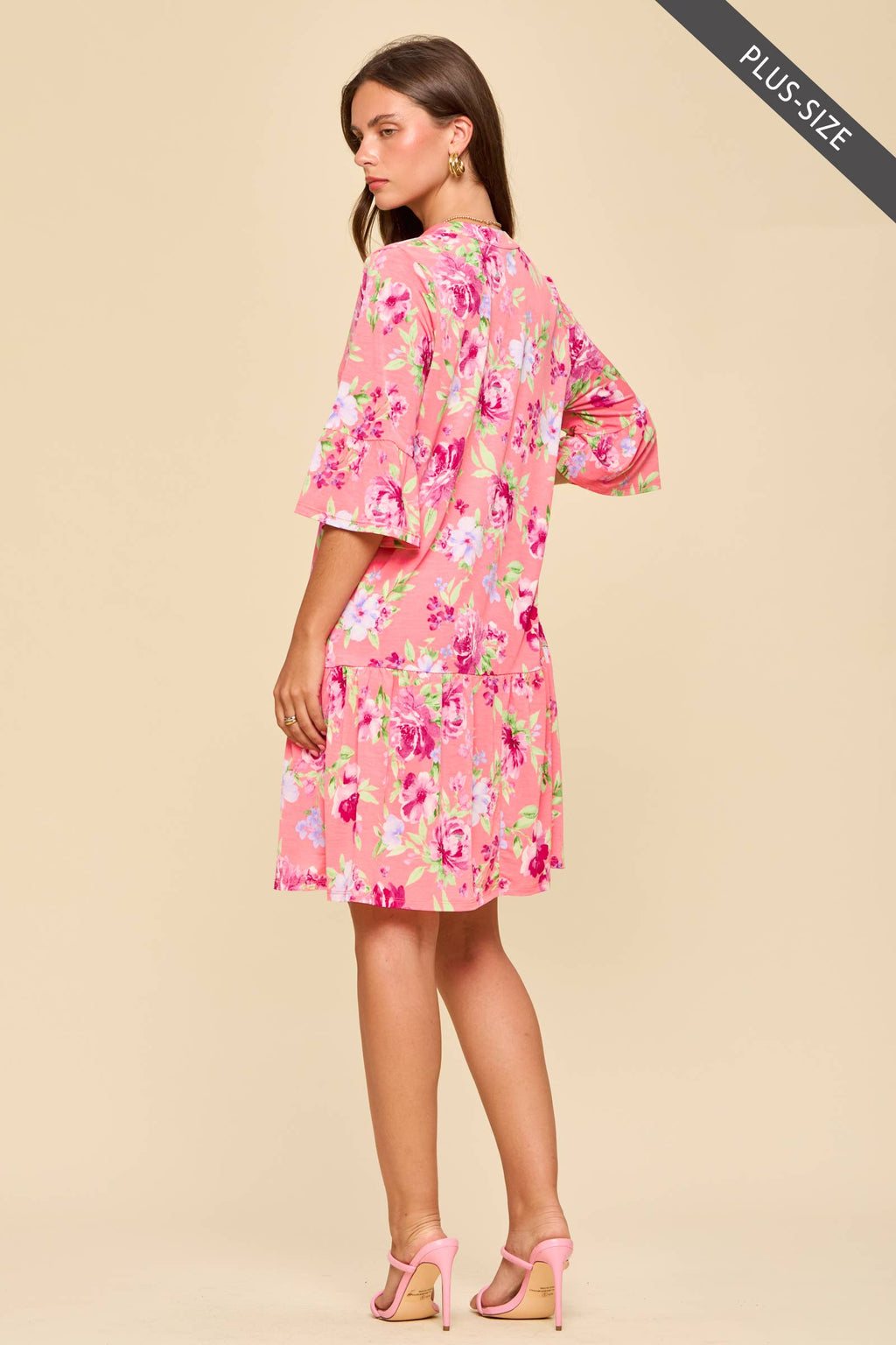 PLUS SIZE Floral Print Shirred Tiered 3/4 Sleeve Dress: CORAL / XL