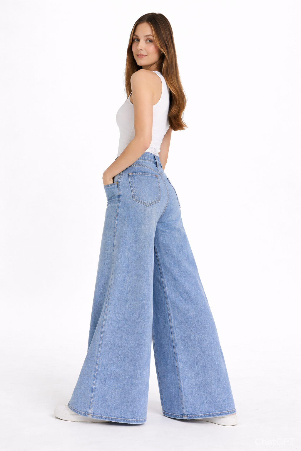 High waist denim pants pocket baggy jeans wide legs stretchy: Denim blue / M