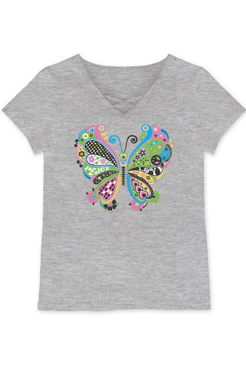 GKT-16810B-TA515 Girl's V-neck Graphic Tee w/Butterfly: Heather Grey / 10