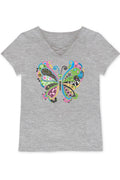 GKT-16810B-TA515 Girl's V-neck Graphic Tee w/Butterfly: Heather Grey / 8