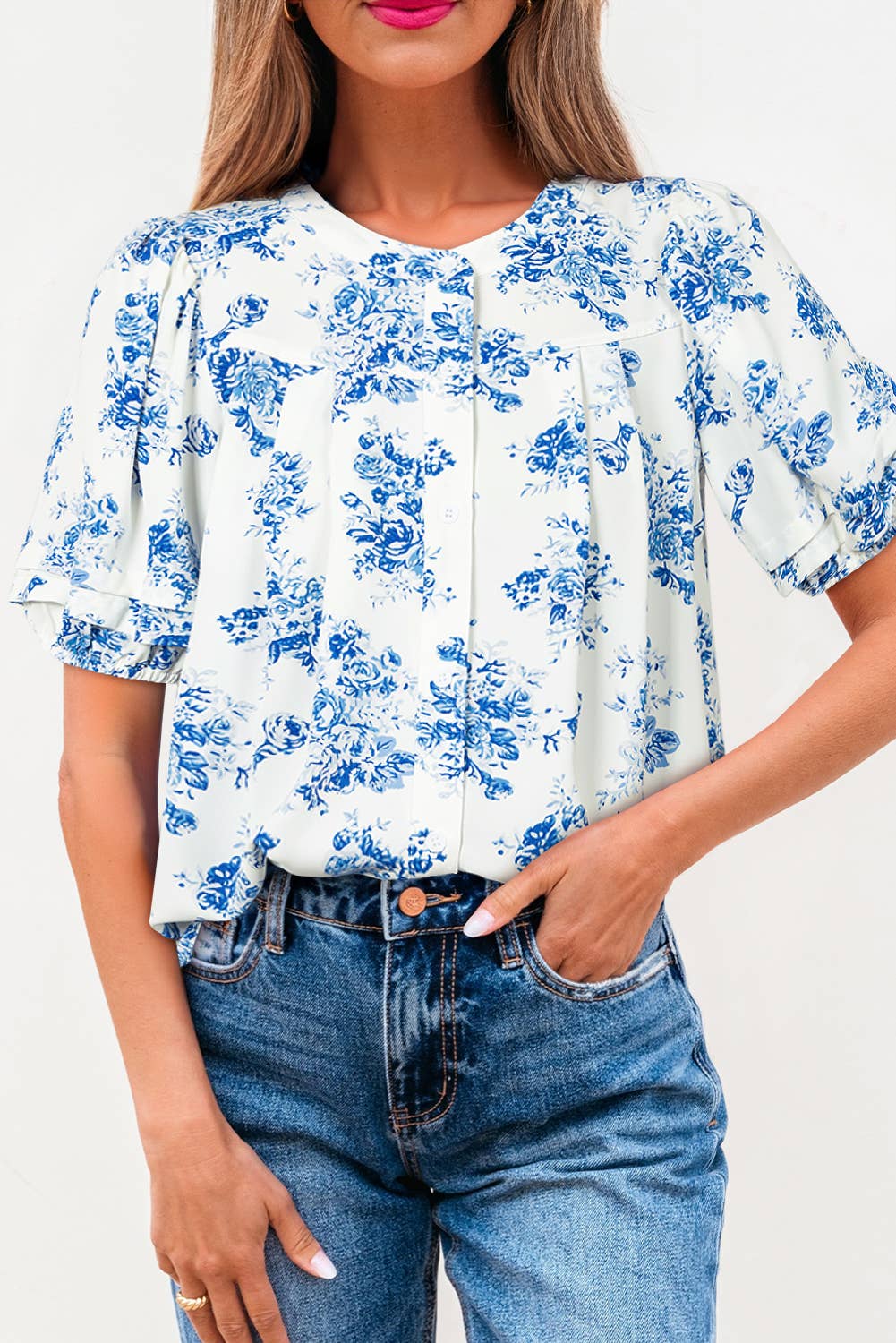 BOHO Floral Pleated Puff Sleeve Button Up Shirt | S-XL: As shown / Missy / S