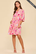 PLUS SIZE Floral Print Shirred Tiered 3/4 Sleeve Dress: CORAL / XL