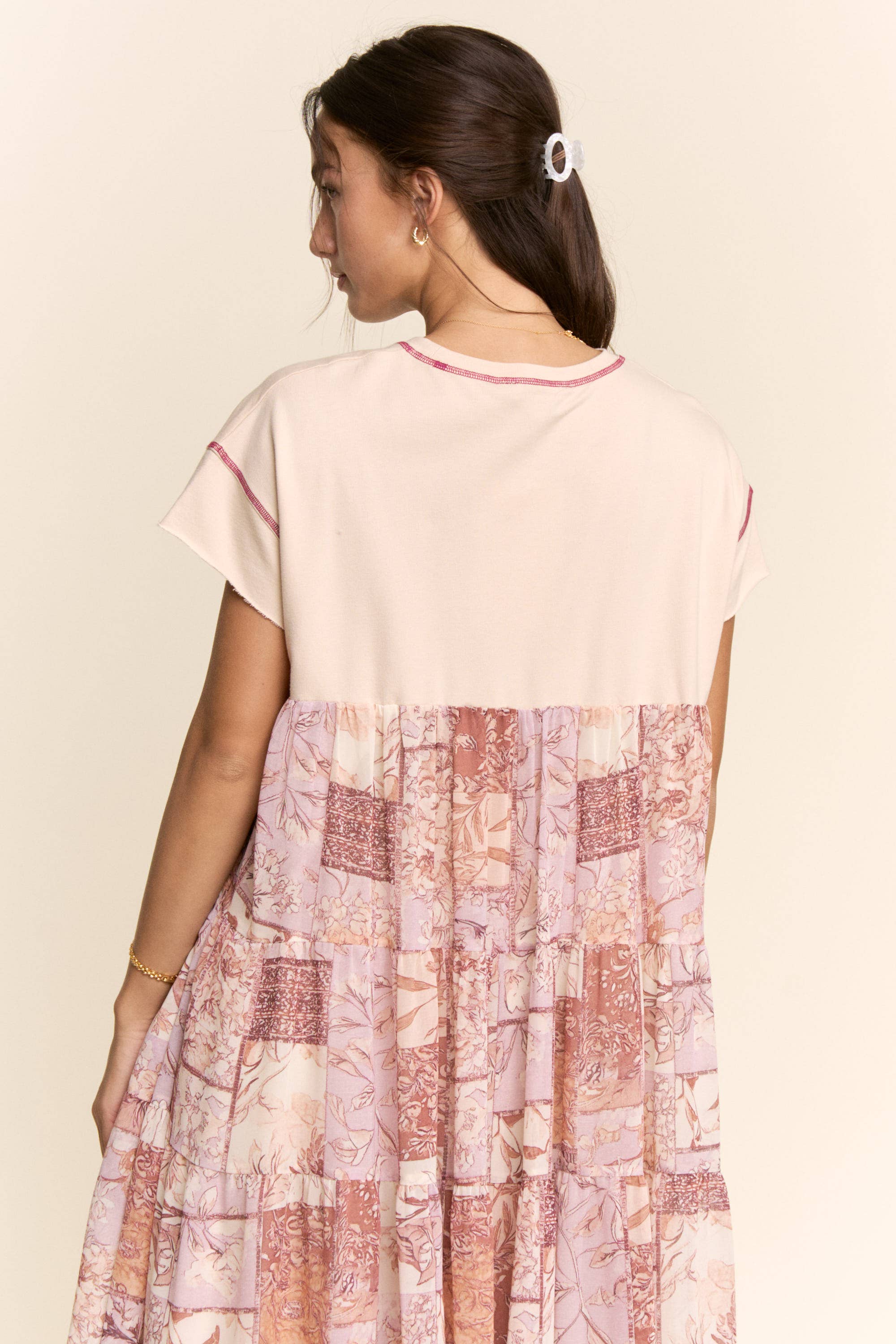 DD60097-ANGEL PRINTED FRENCH TERRY TOP BOTTOM MIDI DRESS: Beige / L