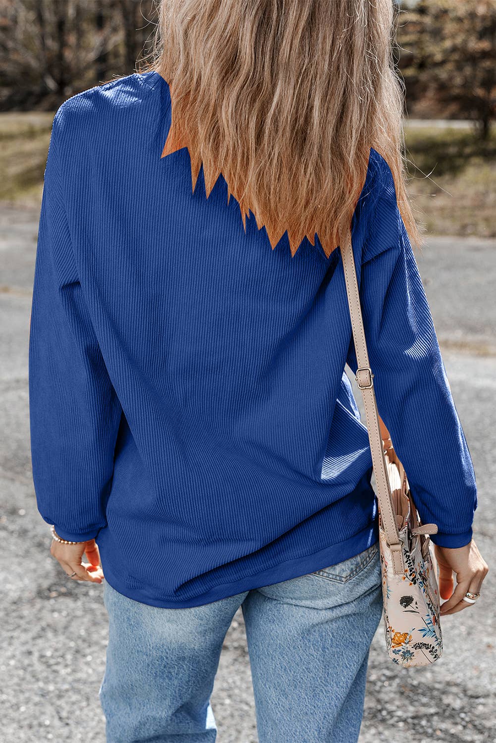 Women Solid Corduroy Crewneck Loose Fit Sweatshirt | S-2XL: Orange / Missy / L