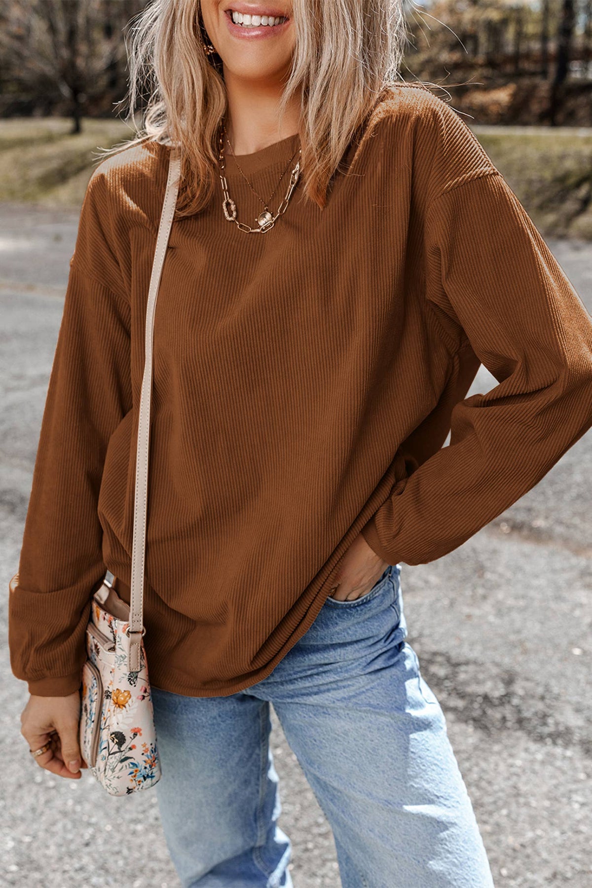 Women Solid Corduroy Crewneck Loose Fit Sweatshirt | S-2XL: Red / Missy / 2XL