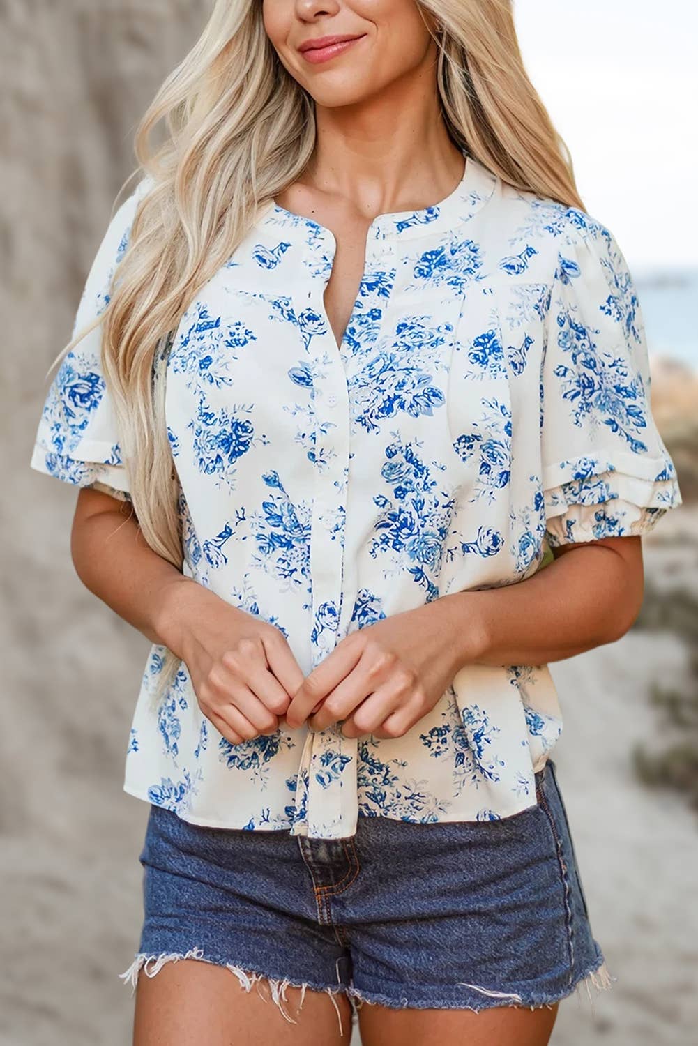BOHO Floral Pleated Puff Sleeve Button Up Shirt | S-XL: As shown / Missy / S