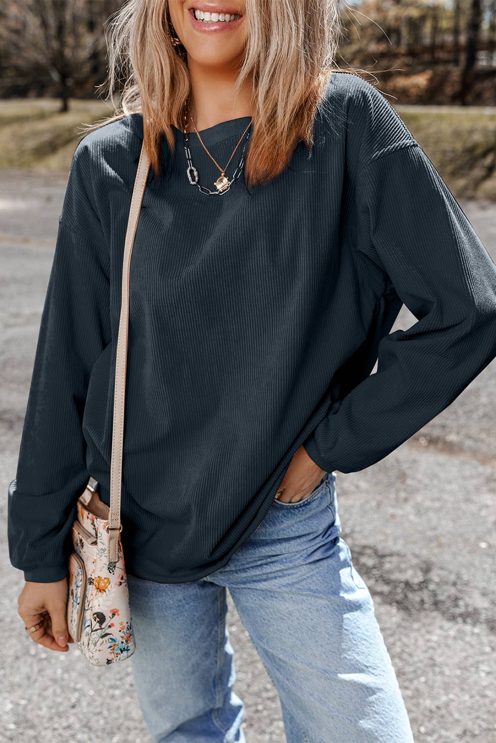 Women Solid Corduroy Crewneck Loose Fit Sweatshirt | S-2XL: Red / Missy / 2XL