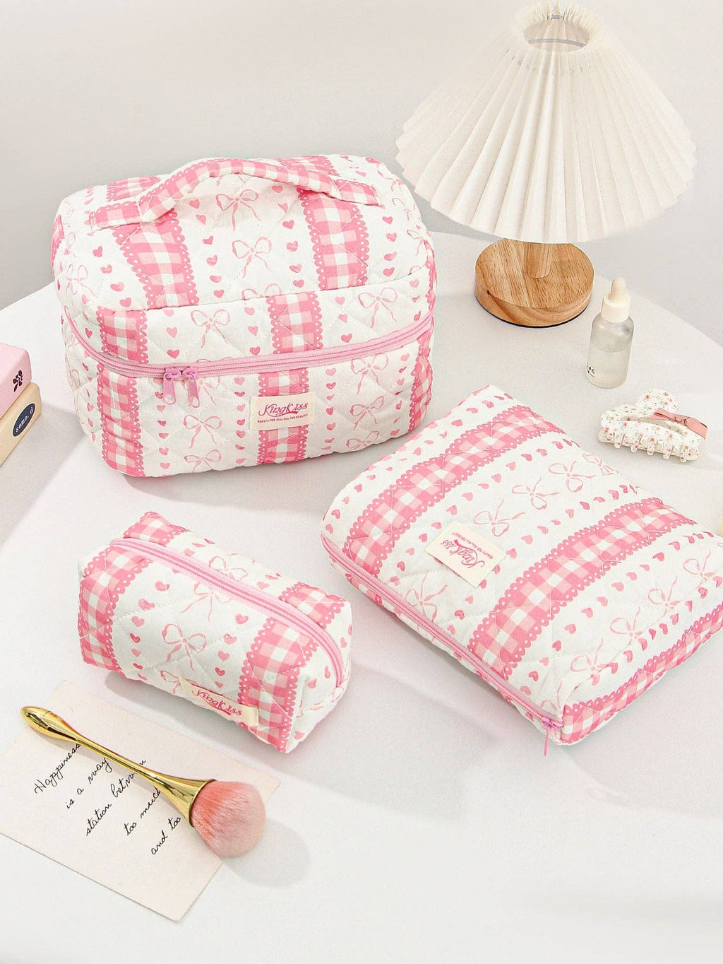 Canvas Striped Octagonal Large-Capacity Toiletry Bag: Pink and blue striped bouquet / Medium size 26*7*18cm