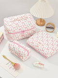 Canvas Striped Octagonal Large-Capacity Toiletry Bag: Ribbon bow little heart / Small size 19*8*6cm