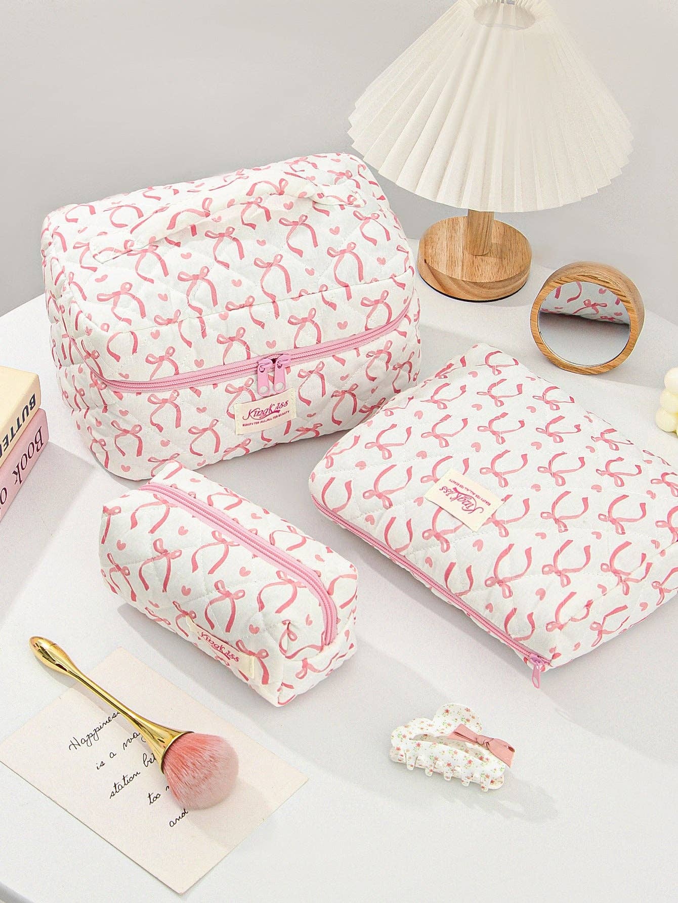 Canvas Striped Octagonal Large-Capacity Toiletry Bag: Ribbon bow little heart / Small size 19*8*6cm