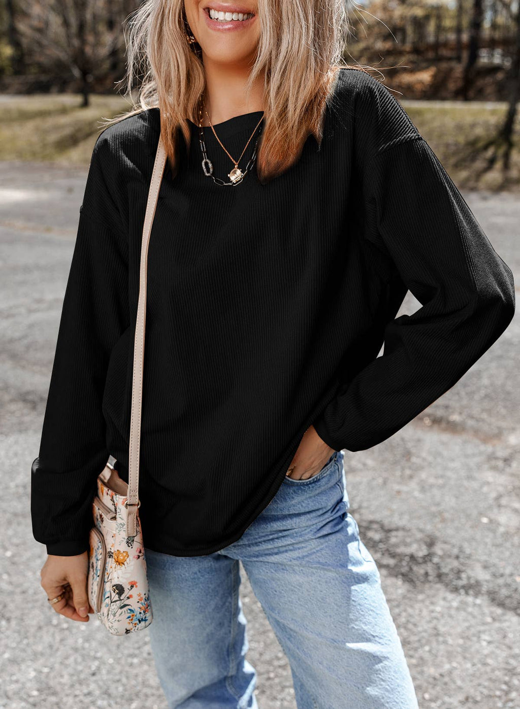 Women Solid Corduroy Crewneck Loose Fit Sweatshirt | S-2XL: Red / Missy / 2XL