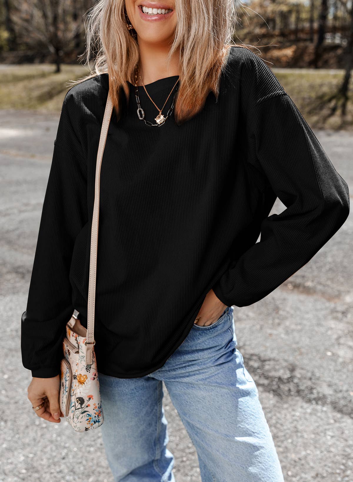Women Solid Corduroy Crewneck Loose Fit Sweatshirt | S-2XL: Red / Missy / 2XL