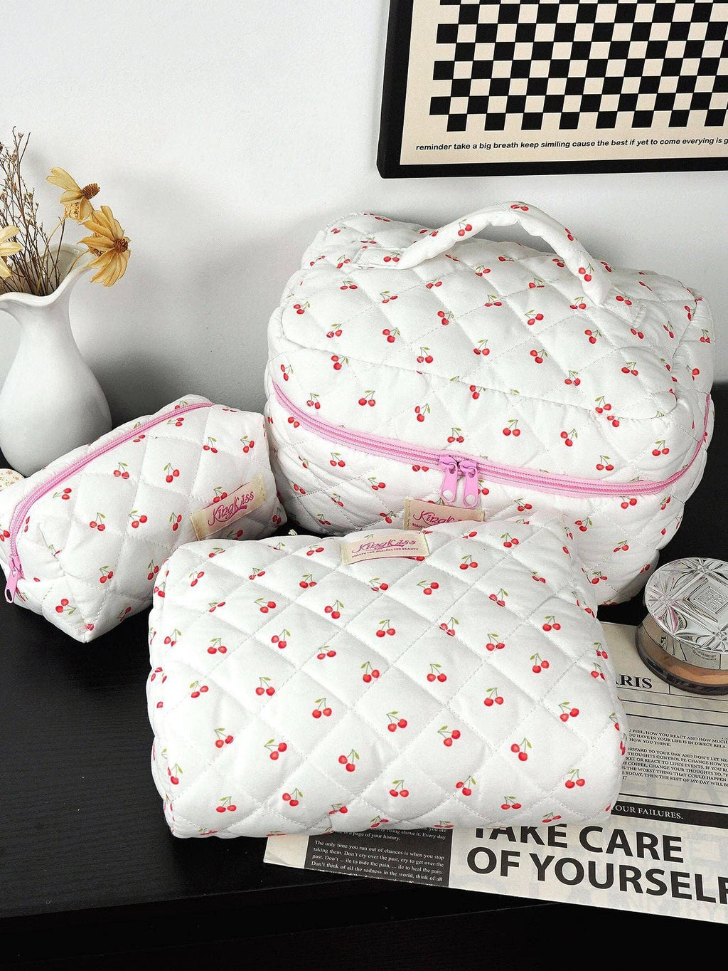 Canvas Striped Octagonal Large-Capacity Toiletry Bag: Pink and blue striped bouquet / Small size 19*8*6cm