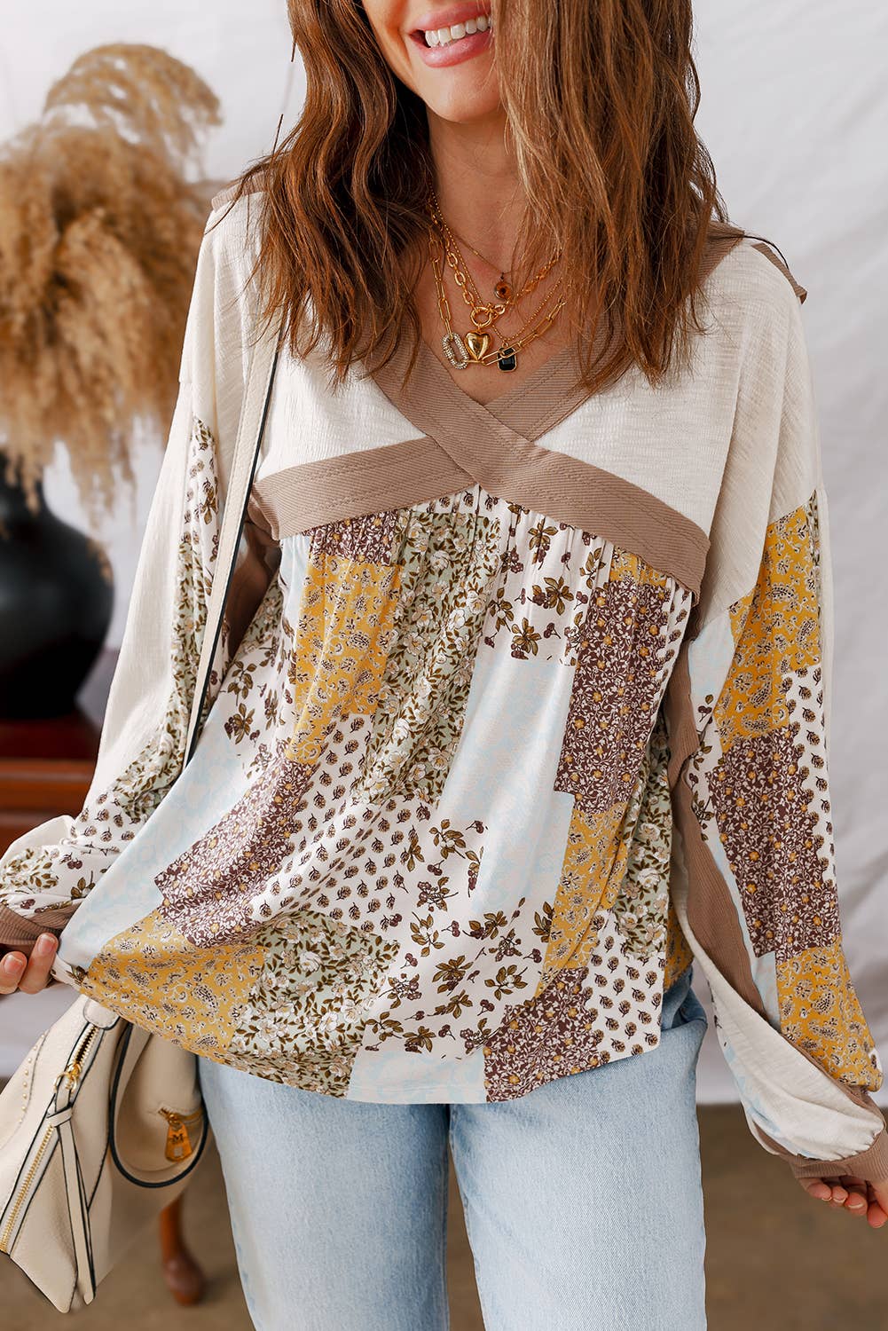 Floral Printed Cross Patchwork Long Sleeve Top | S-XL: As shown / Missy / XL