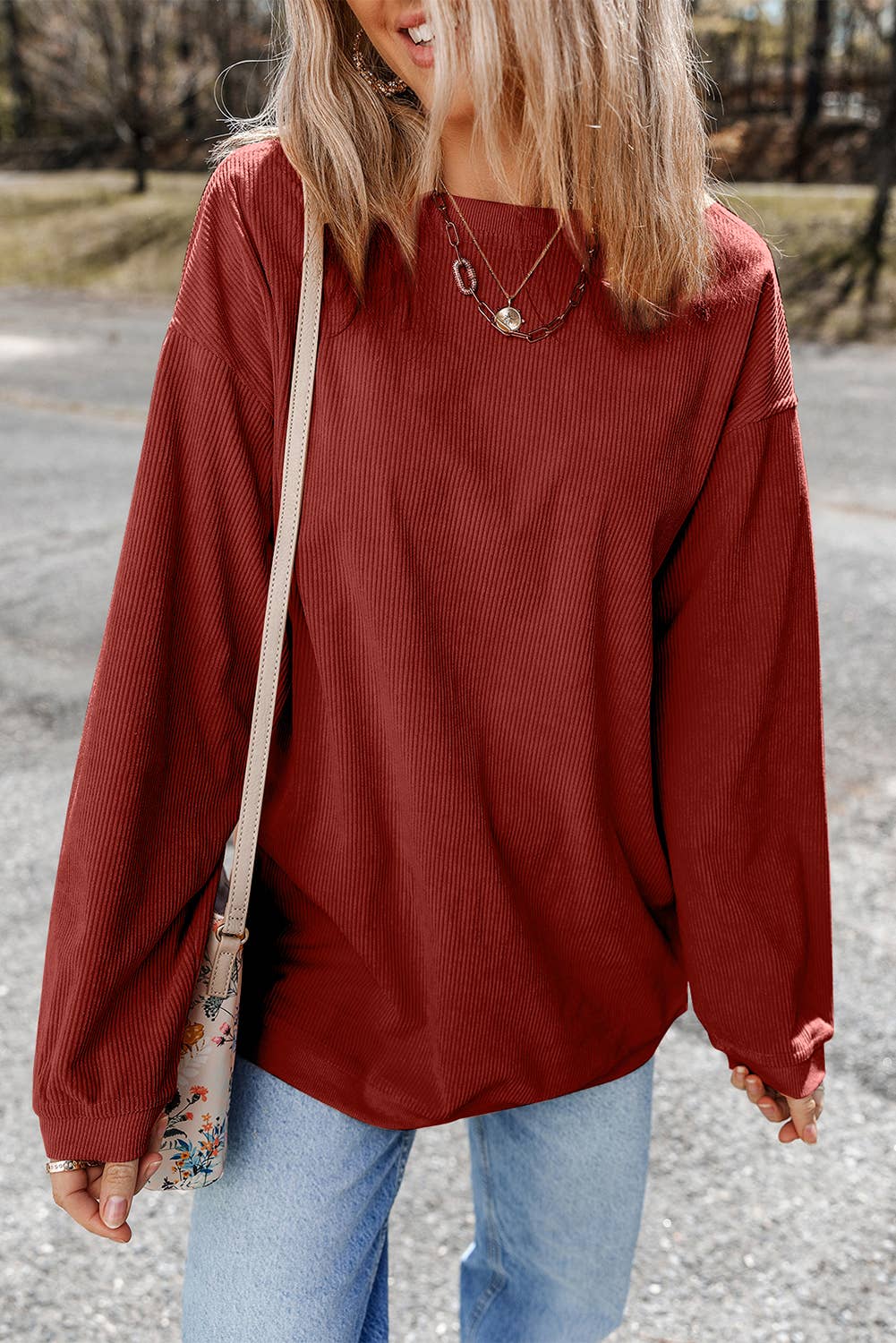 Women Solid Corduroy Crewneck Loose Fit Sweatshirt | S-2XL: Red / Missy / XL