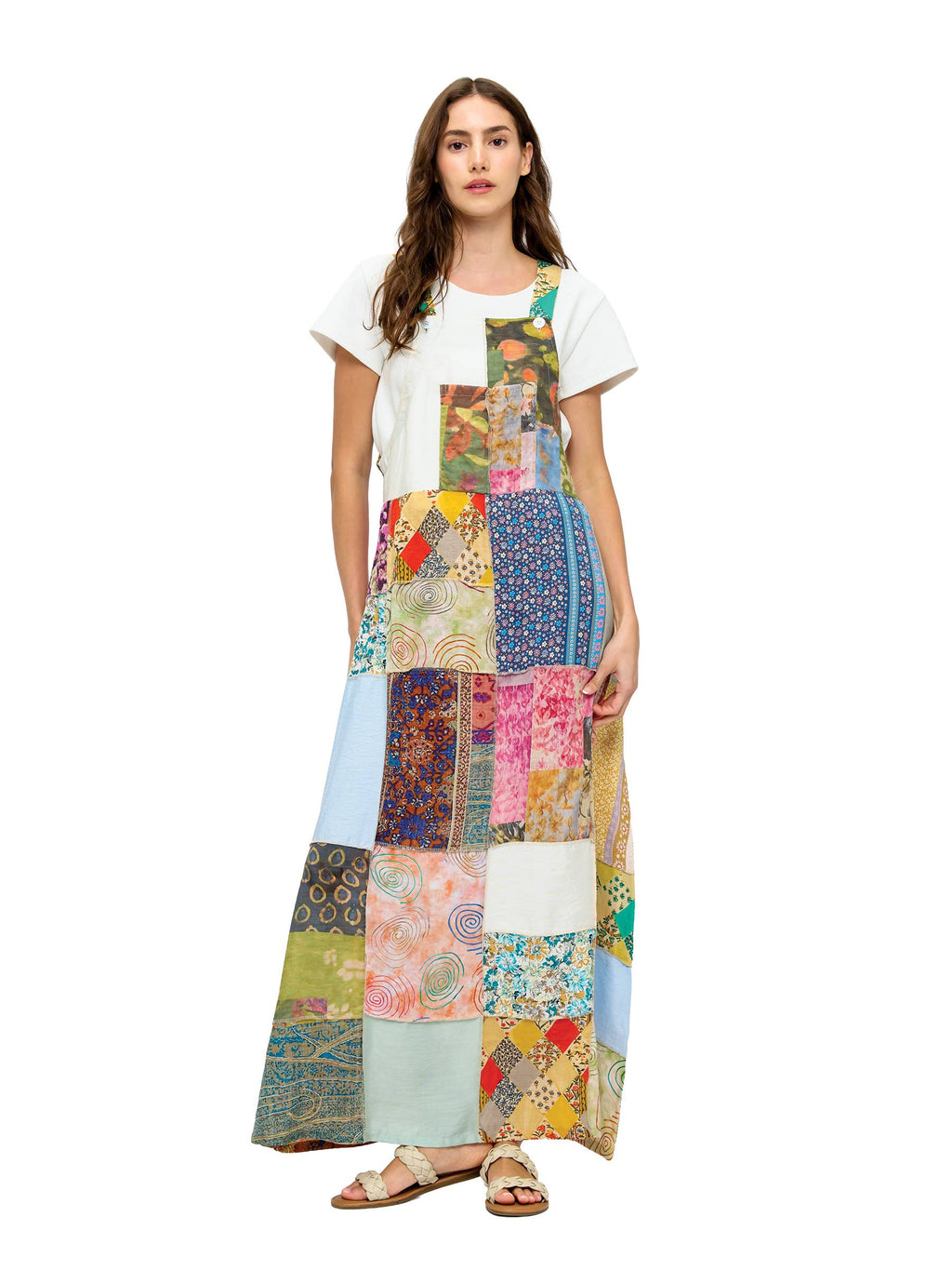 Floral Patchwork Overall Maxi Dress: Multi / S/M