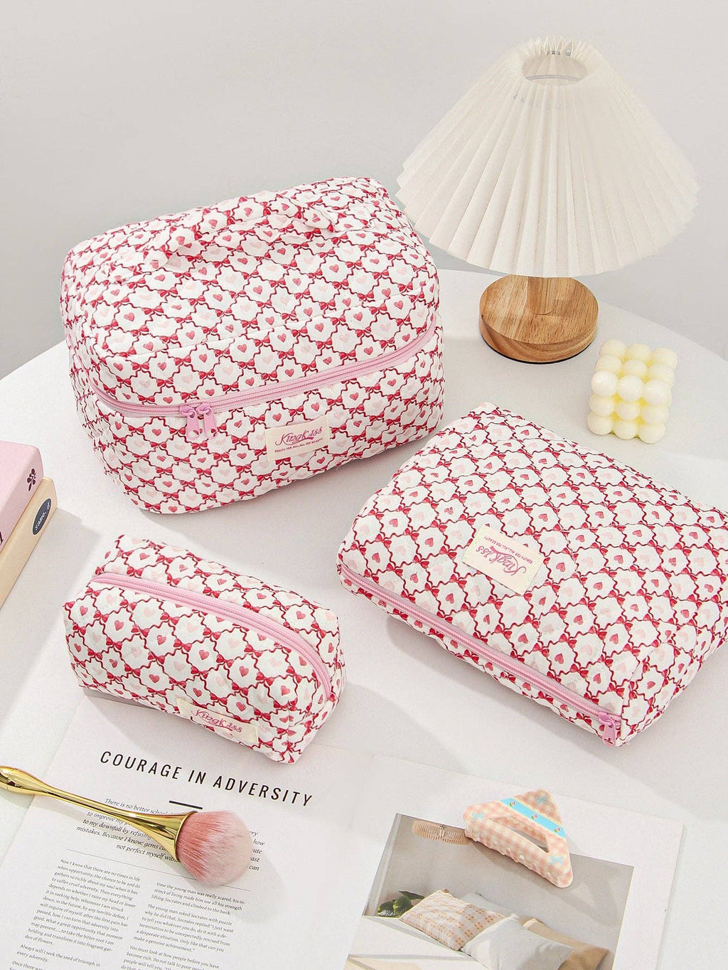 Canvas Striped Octagonal Large-Capacity Toiletry Bag: Pink and blue striped bouquet / Small size 19*8*6cm