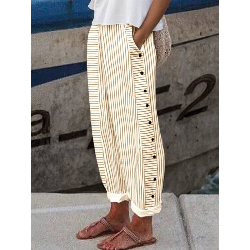 Loose Buttoned Pockets Striped Pants Trousers: GRAY / XL