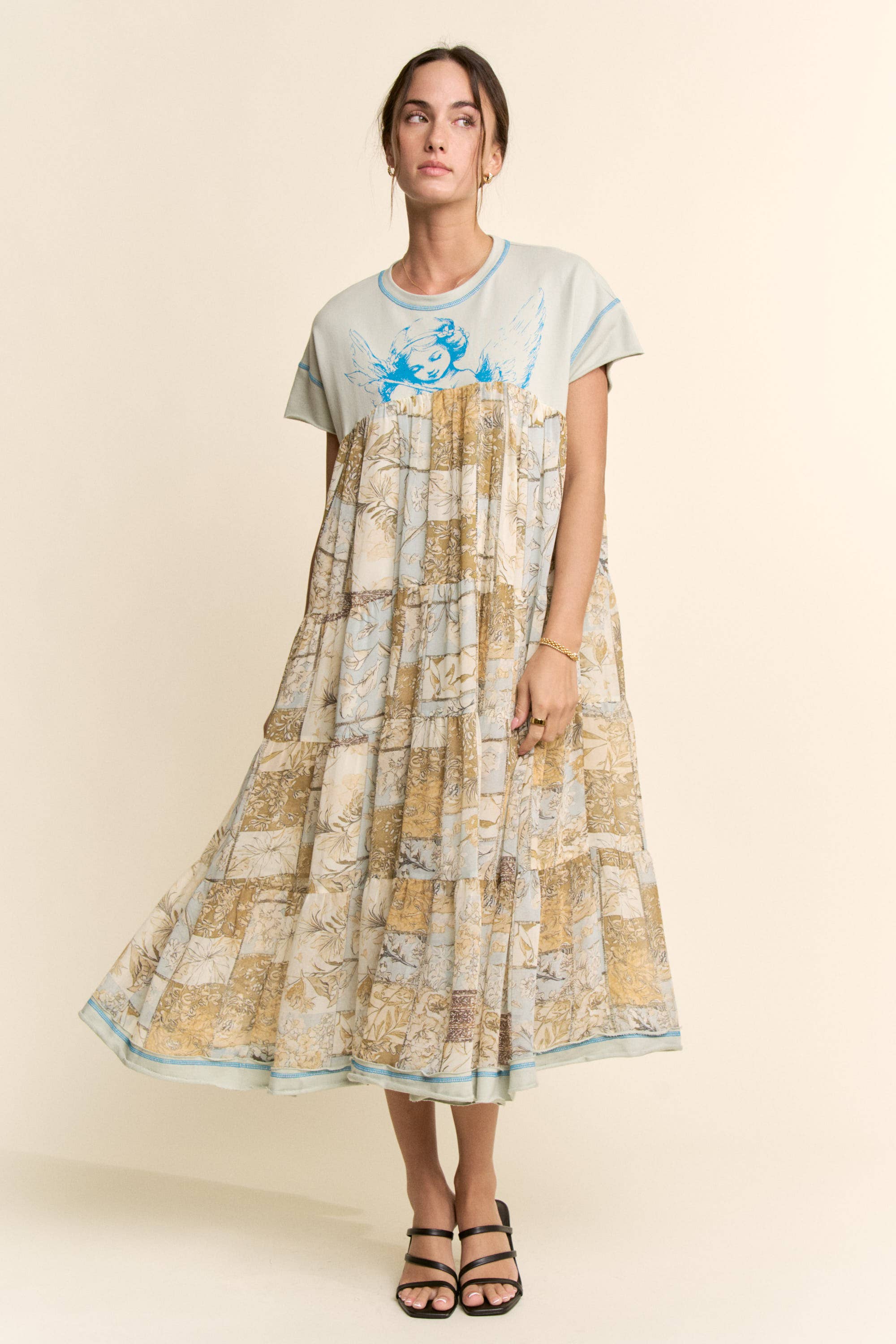 DD60097-ANGEL PRINTED FRENCH TERRY TOP BOTTOM MIDI DRESS: Beige / S