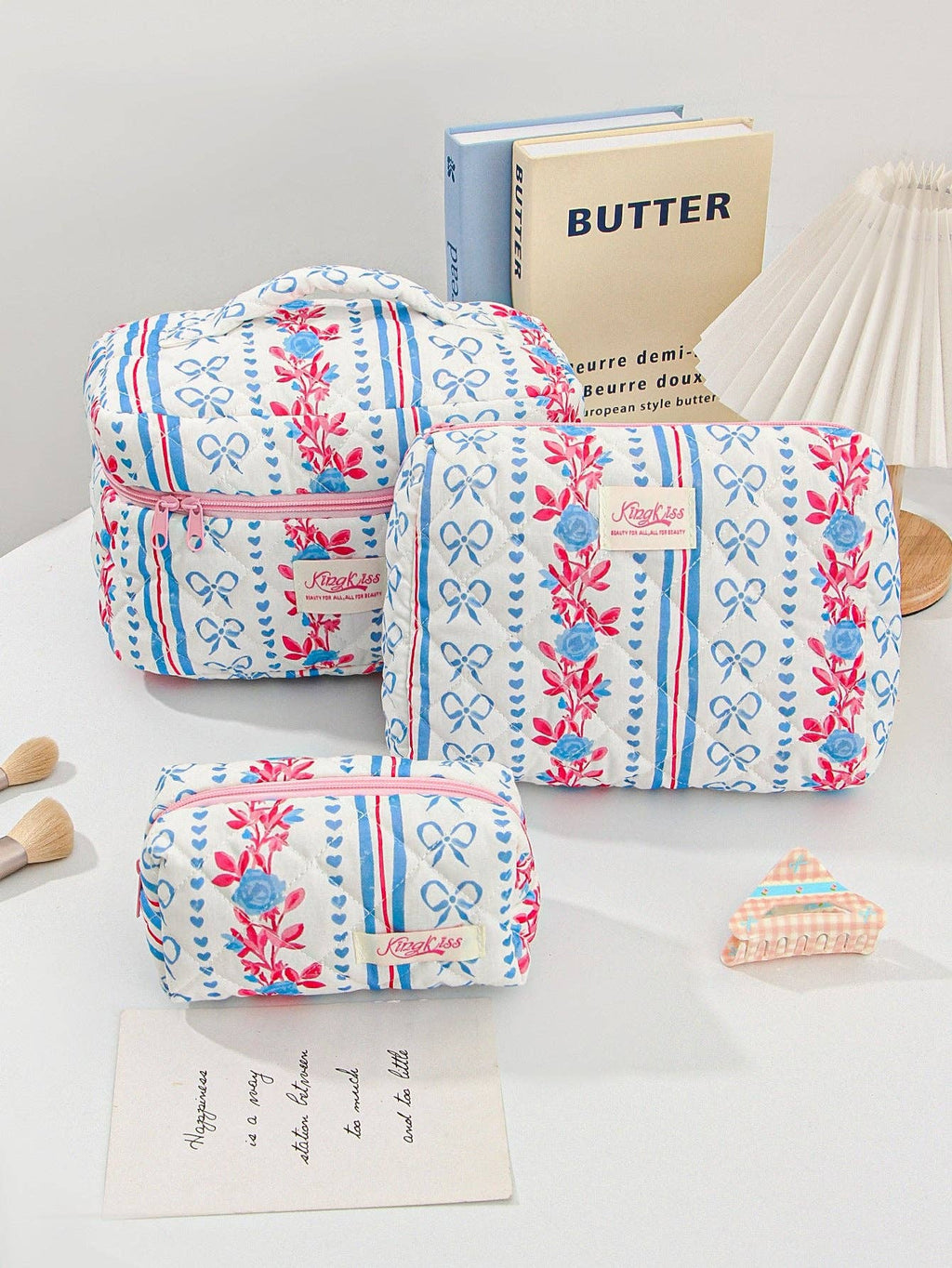 Canvas Striped Octagonal Large-Capacity Toiletry Bag: Pink and blue striped bouquet / Small size 19*8*6cm