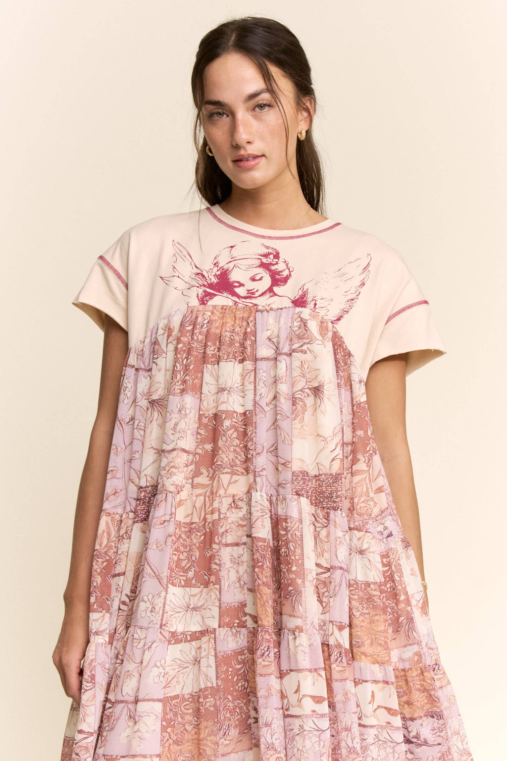 DD60097-ANGEL PRINTED FRENCH TERRY TOP BOTTOM MIDI DRESS: Beige / M
