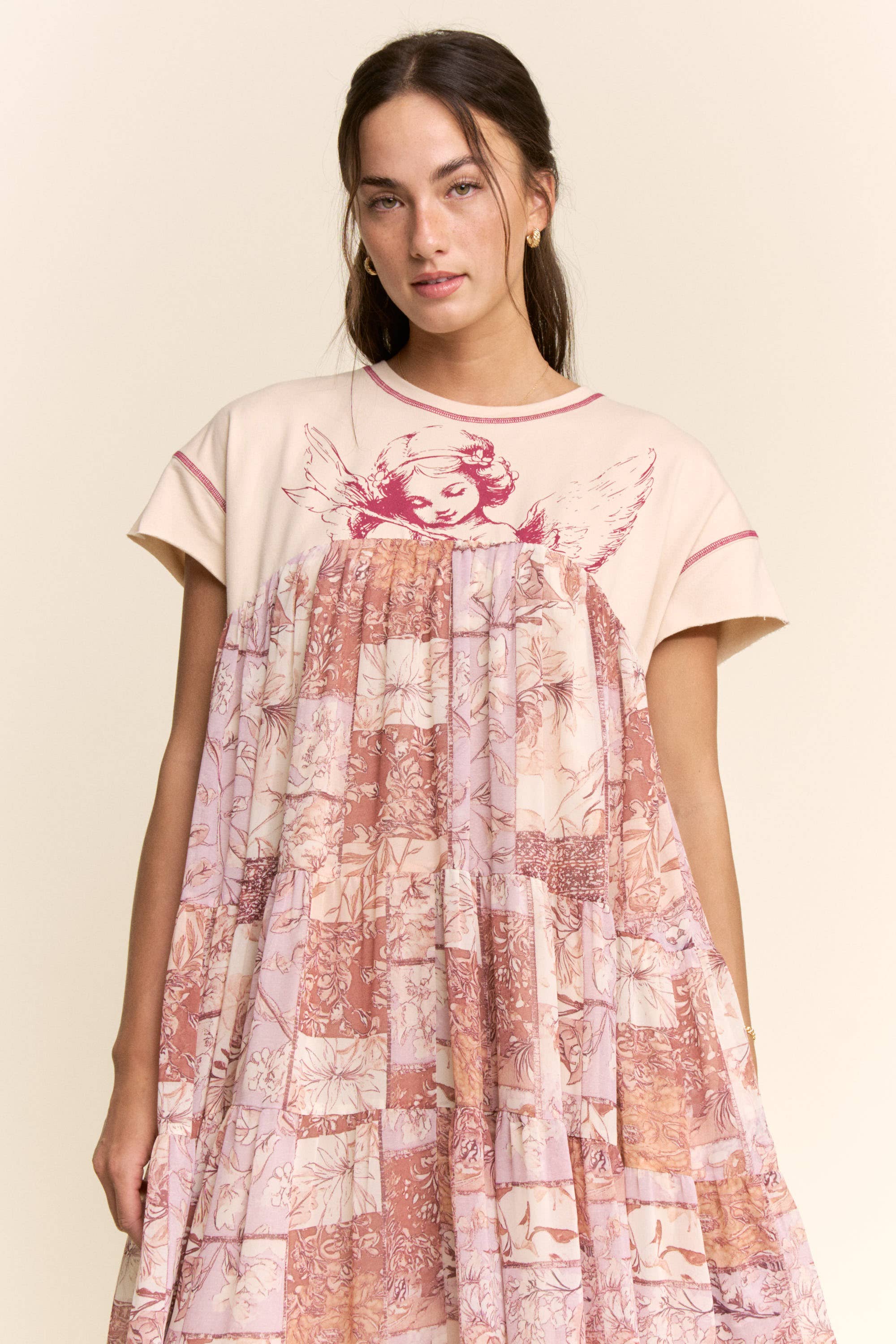 DD60097-ANGEL PRINTED FRENCH TERRY TOP BOTTOM MIDI DRESS: Beige / M