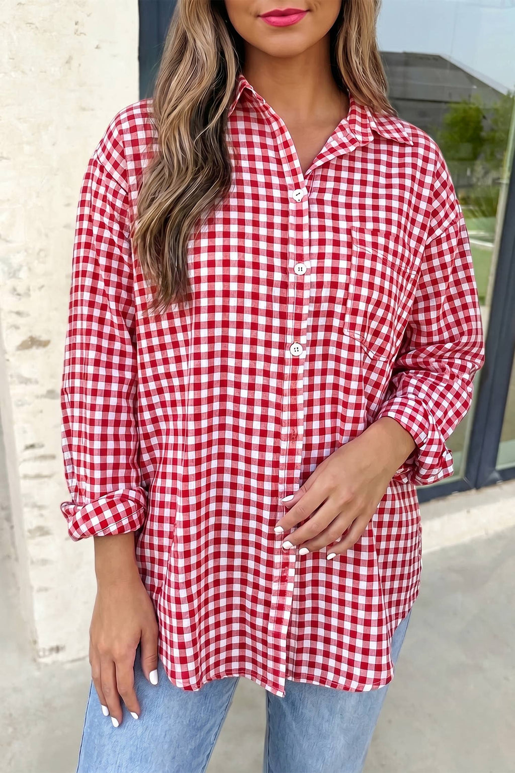 Blooming Romance Plaid V Neck Blouse | Plus Size 1X-4X: Red / Plus-4X