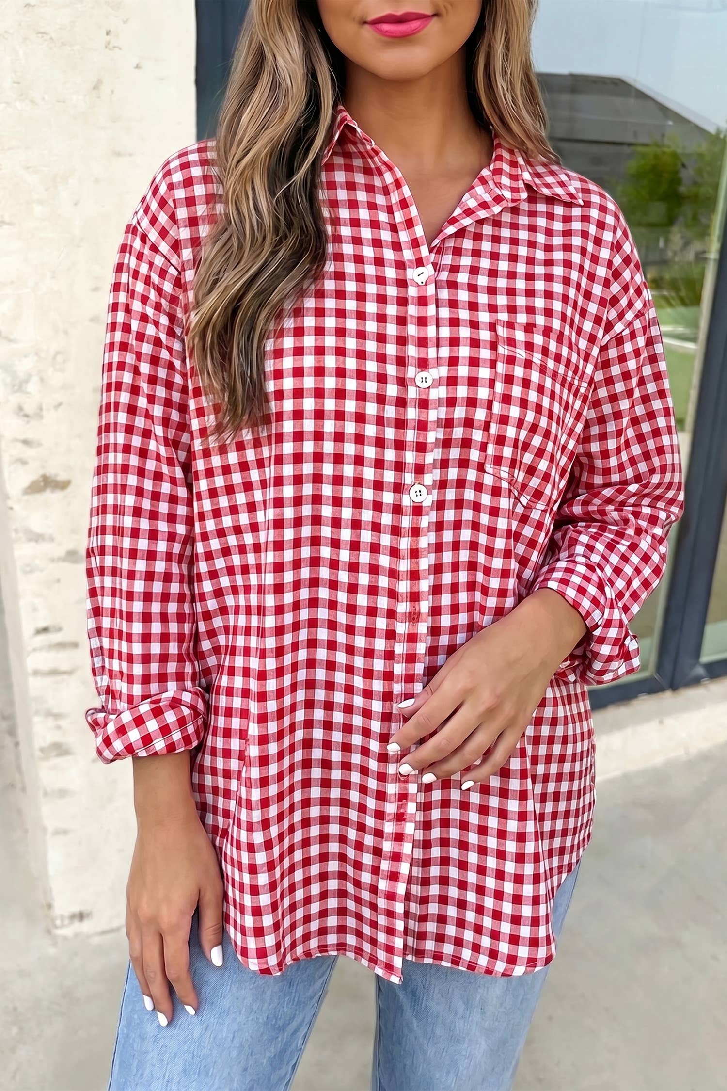 Blooming Romance Plaid V Neck Blouse | Plus Size 1X-4X: Red / Plus-4X