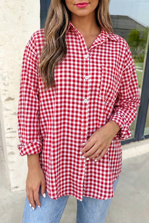 Blooming Romance Plaid V Neck Blouse | Plus Size 1X-4X: Red / Plus-4X