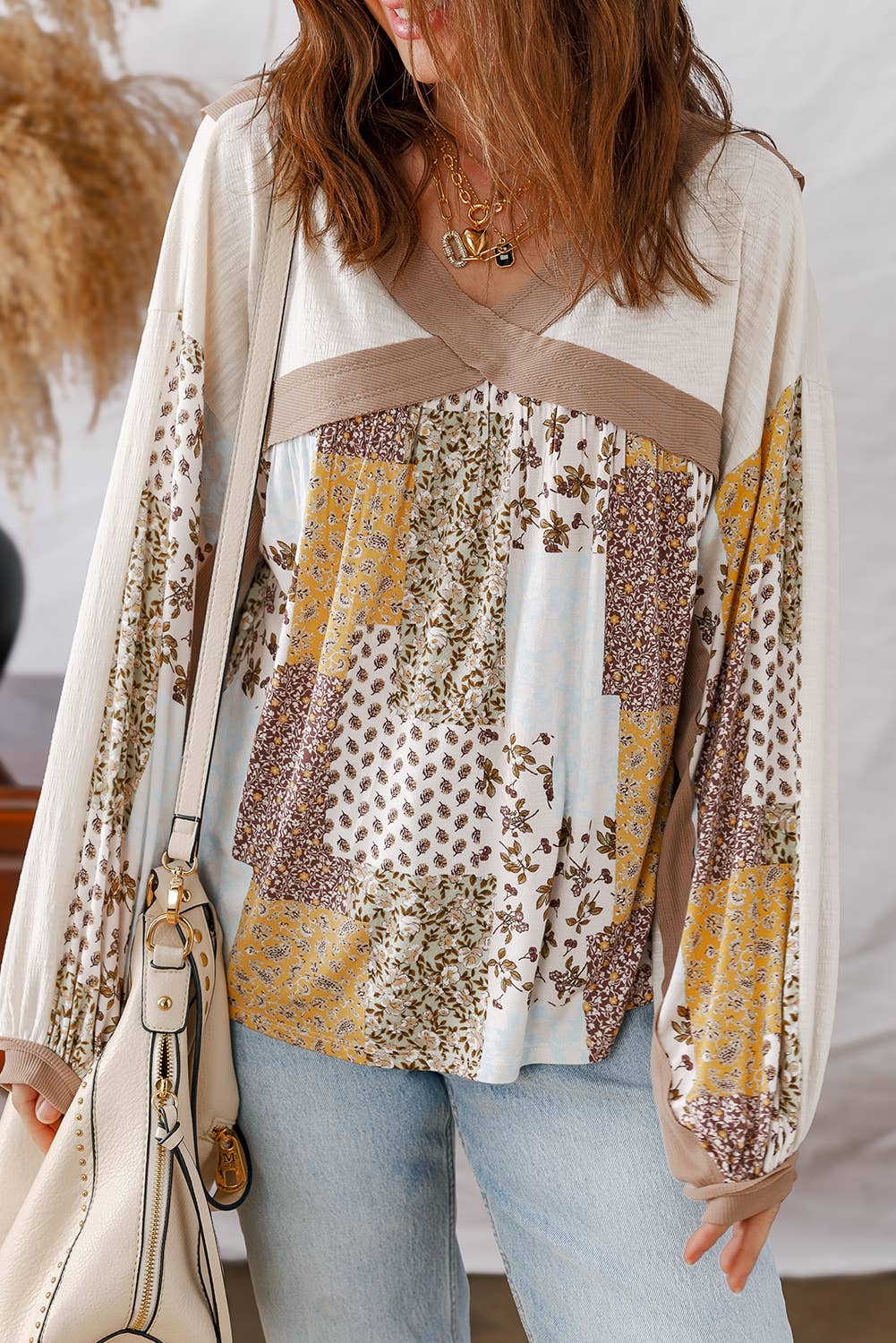 Floral Printed Cross Patchwork Long Sleeve Top | S-XL: As shown / Missy / S