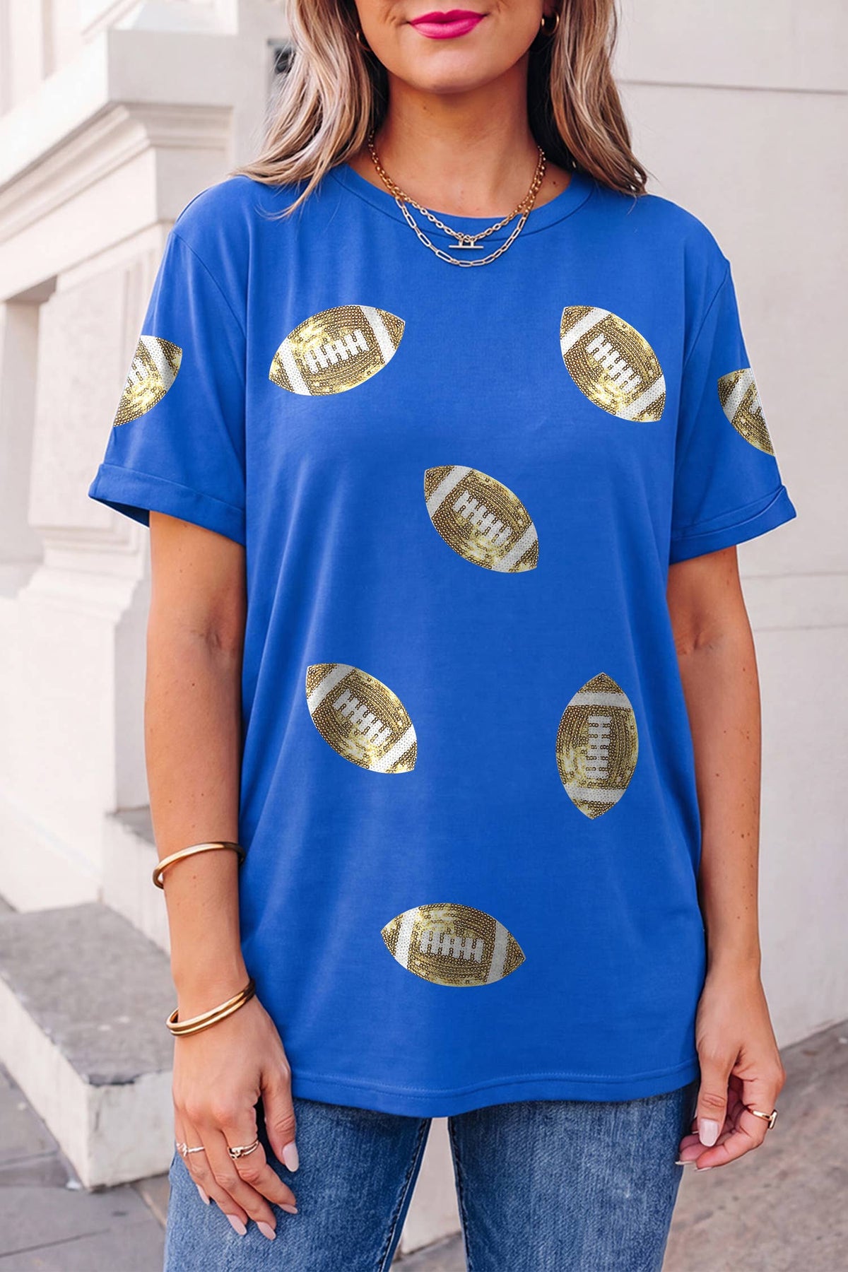 Game Day Sequin Rugby Graphic Crew Neck Shift T-Shirt | S-XL: Dark Blue / M