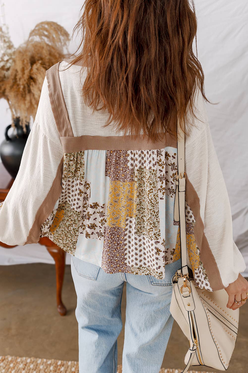 Floral Printed Cross Patchwork Long Sleeve Top | S-XL: As shown / Missy / M